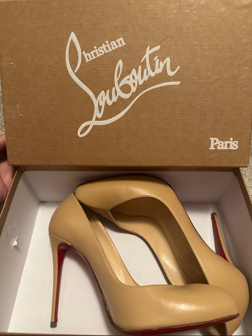Christian Louboutin Tan Leather Pointed-Toe Pumps with Red Sole